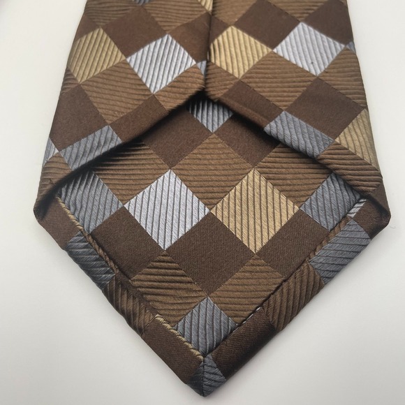 Pronto Uomo Mens Silk Necktie Brown Tan Silver Diamond Pattern Formal - Picture 3 of 4